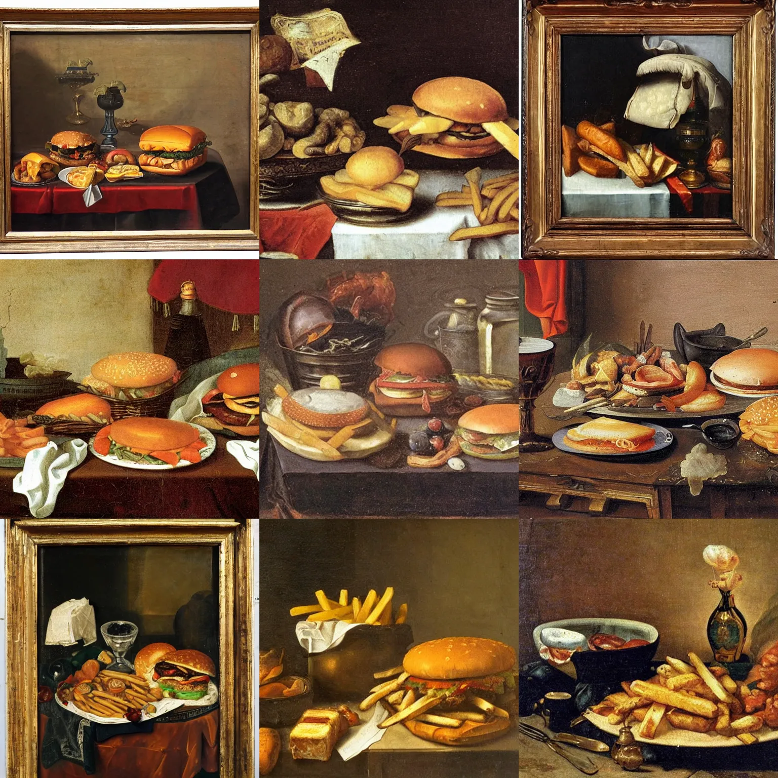 Prompt: Dutch still life from the 1600s, old oil painting: Large amount of fast food on a table, hamburger, french fries