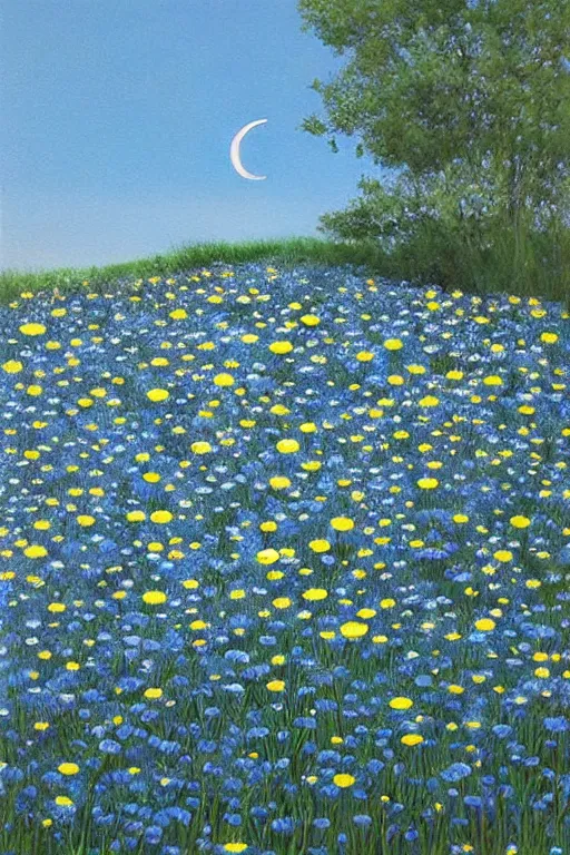 Image similar to night, the moon is shining in blue, ( ( ( ( ( ( ( ( the blue color of the moon ) ) ) ) ) ) chamomile field!!!!!, unfinished house!!!!!, shadows from trees, ( ( ( hyperrealism ) ) )