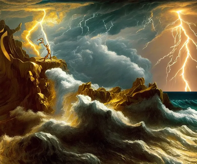 Prompt: hyper detailed 3d render like a Oil painting - greek god poseiden standing tall on the shore of a roiling stormy ocean, golden trident raised overhead, lightning storm in background, anger + wrath, by Jacek Yerka, Mariusz Lewandowski, Houdini algorithmic generative render, Abstract brush strokes, Masterpiece, Edward Hopper and James Gilleard, Zdzislaw Beksinski, Mark Ryden, Wolfgang Lettl, hints of Yayoi Kasuma, octane render, 8k