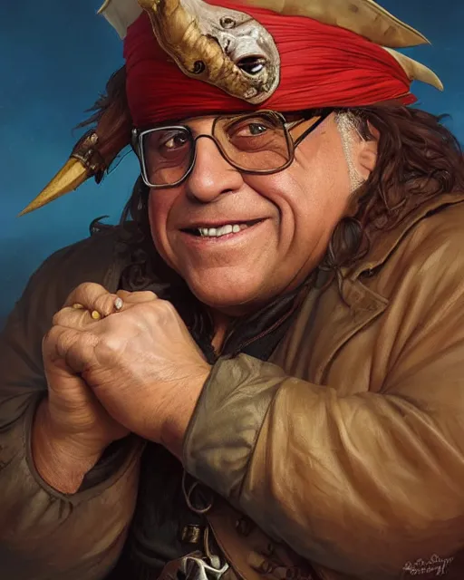 Image similar to portrait of danny devito as a pirate, highly detailed, digital painting, artstation, concept art, sharp focus, illustration, art by artgerm and greg rutkowski and alphonse mucha