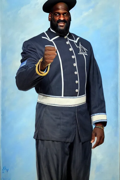 Image similar to full body portrait of shaquille o'neil as the dictator of the orlando magic, 1 8 8 9, in full military garb, magic blue, silver, and black,, oil on canvas by william sidney mount, trending on artstation