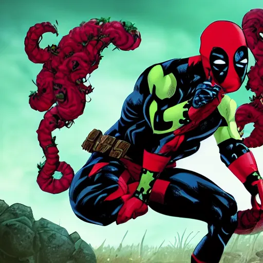 Image similar to deadpool, poison ivy, venom, marvel, dc, comic book panels, epic, 8k, cinematic,