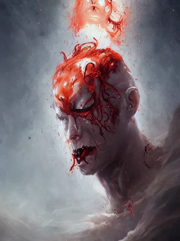 Prompt: painting by greg rutkowski of a flying sorrowful looking human head with tears running down it's eyes, face that is chalk white in color, with long sprawling white tentacles stemming down it's neck, fiery scorching red eyes, flying in a terrying hellish dark cavernous place