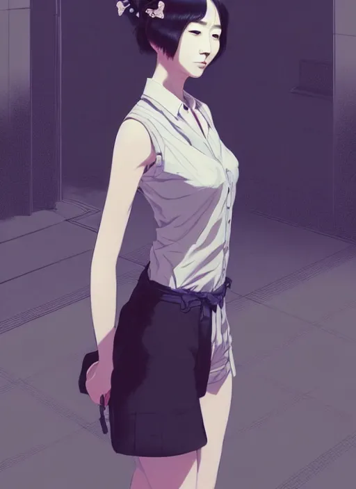 Image similar to a full - body portrait of a young japanese woman standing in tokyo street, confident pose, intricate, elegant, sharp focus, illustration, highly detailed, concept art, matte, trending on artstation, anime, art by james jean and artgerm and brian despain and alberto mielgo, greg rutkowski, wlop, ilya kuvshinov, strong strokes