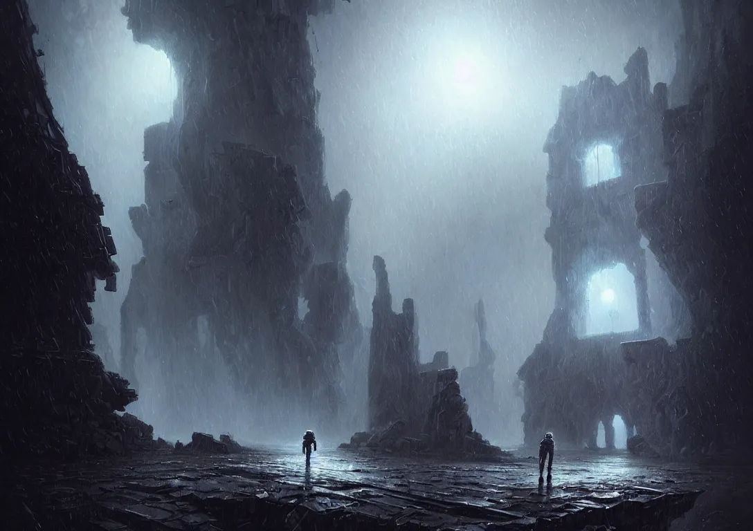 Image similar to astronaut exploring a strange surface of another planet while it's raining, mist and wind, there are ruins of ancient civilization, ultra high definition, ultra detailed, symmetry, sci - fi, dark fantasy, in style of heavy metal comic, dark and horror style, metal by greg rutkowski and ross tran