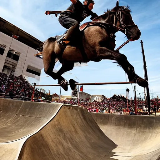 Image similar to roman horse-drawn chariot high jumping in a skate park half-pipe, video game cover, intense, high detail, crowd cheering, wide lense, style of Tony Hawk