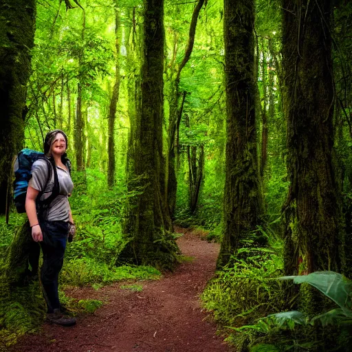 Prompt: lush forest trail, friendly skinwalker posing for camera, smiling, cryptid, professional photography