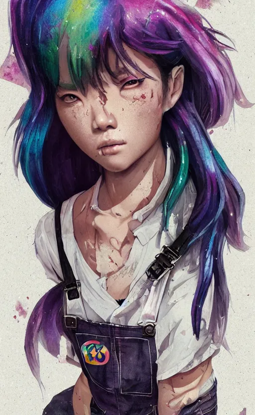 Prompt: a grungy asian woman with rainbow hair, drunk, angry, soft eyes and narrow chin, dainty figure, long hair straight down, torn overalls, basic white background, side boob, symmetrical, single person, style of by Jordan Grimmer and greg rutkowski, crisp lines and color,