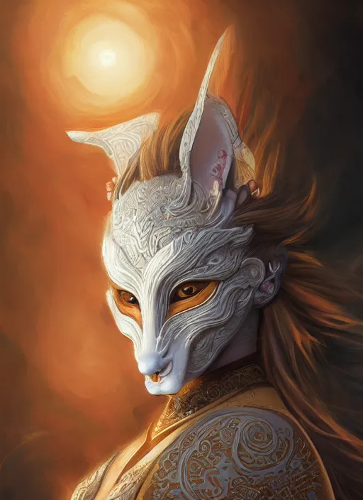 Image similar to a beautiful detailed oil on copper art illustration of a japanese kitsune mask woman, centered, by charlie bowater, zeng fanzh, trending on artstation, dim dusk lighting, cinematic lighting, detailed lighting, volumetric lighting, realistic, f 8, 4 k hd wallpaper