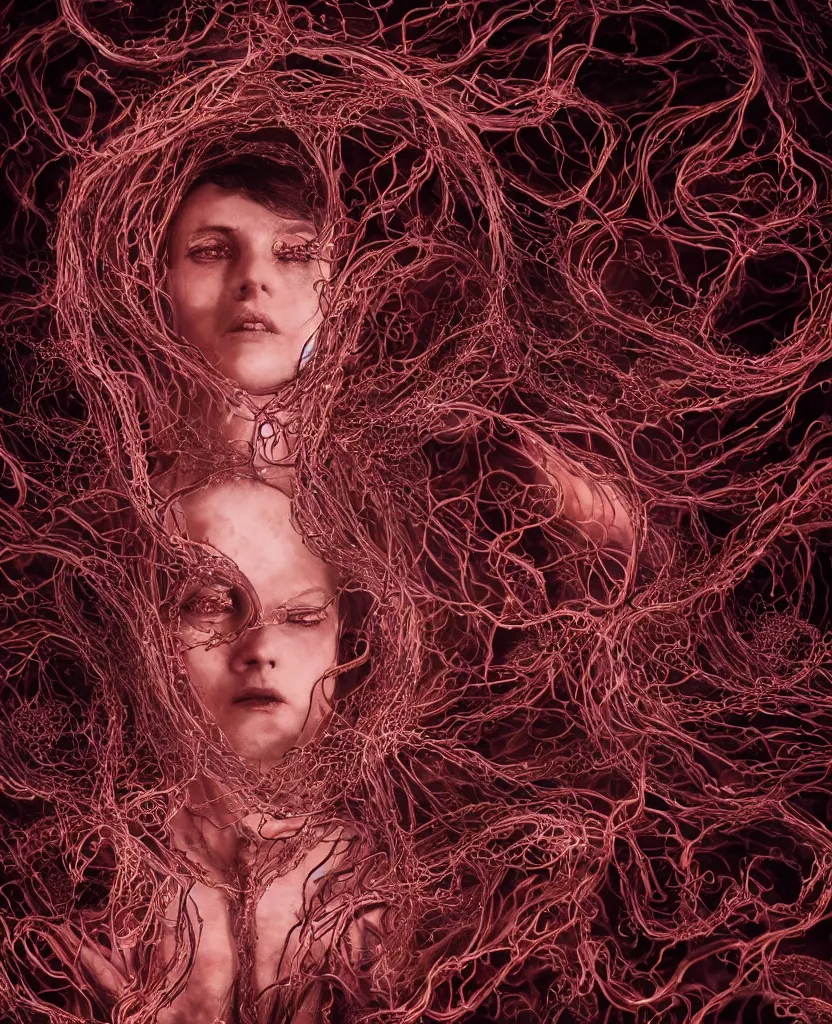 Image similar to beautiful portrait of the priestess of pain and sorrow, intricate tendrils forming a string structure, chaotic swirling ferrofluids, occult, octane render, glow, surreal dramatic lighting, intricate fine ornaments, translucent, lighting 8k, cinematic, blur, shallow depth of field, neuro web, plasma, neon, glimpse of red