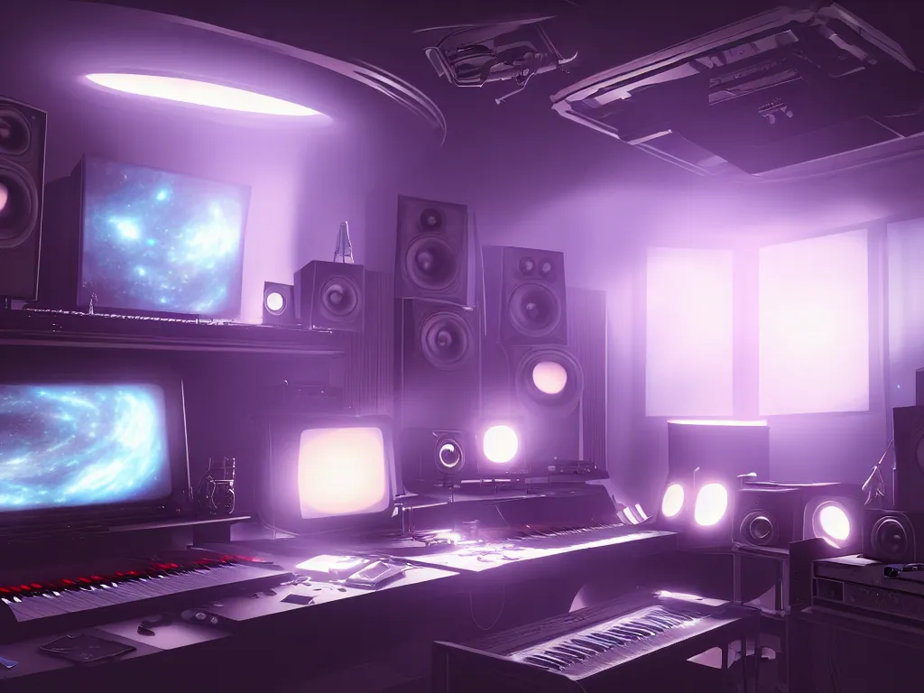 Prompt: a home music studio on deep space, artstation, volumetric light, high detail, reflections, perfect, concept art, hdr, 4 k