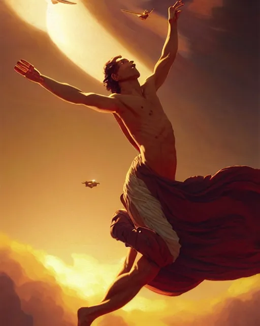 Prompt: icarus flying too close to the sun, fine details, realistic shaded lighting poster by greg rutkowski, magali villeneuve, artgerm, jeremy lipkin and michael garmash and rob rey and jacques - louis david