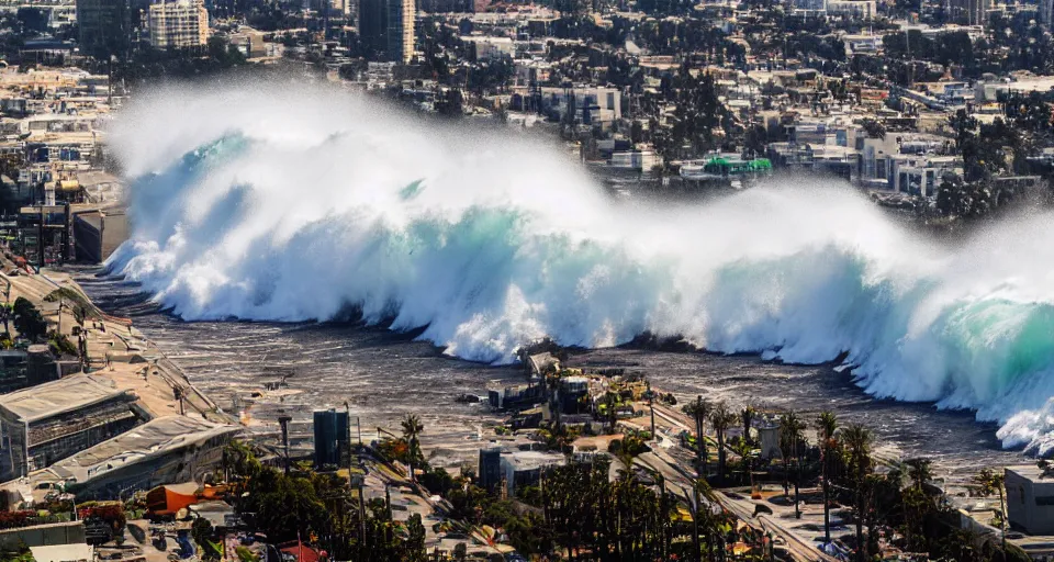 Prompt: tidal wave crashing into Los Angeles, wide-angle aerial shot, romantic painting