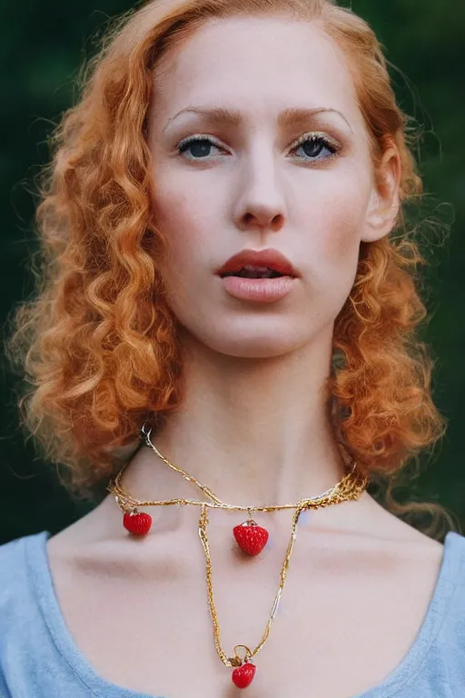 Image similar to vintage photograph of an olive skinned female model with strawberry blonde hair in her twenties, her hair pinned up, wearing a designer top and one gold standard chain necklace, looking content, focused on her neck, photo realistic, extreme detail skin, natural beauty, no filter, slr, golden hour, 4 k, high definition, selfie