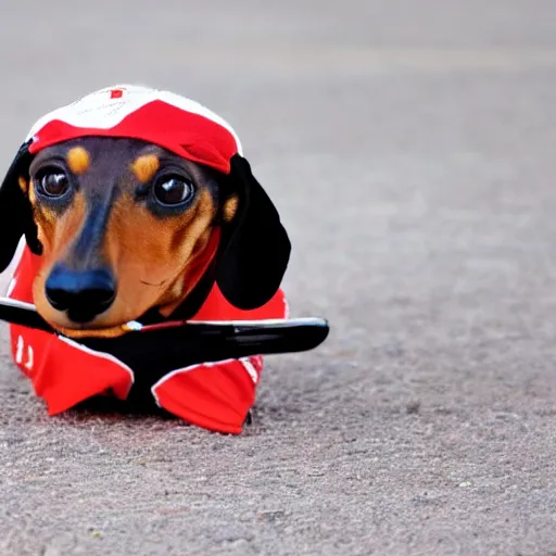 Image similar to dachshund wearing hockey gear