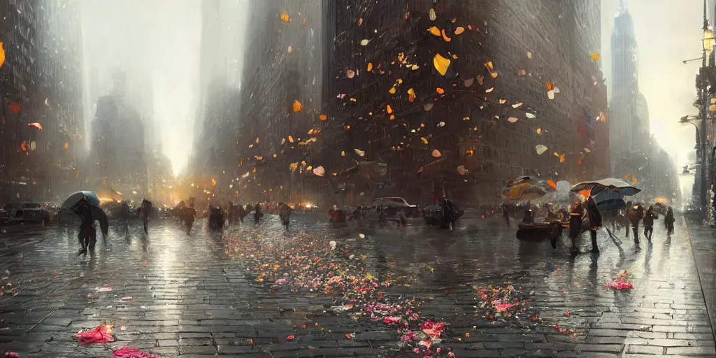 Prompt: raining flower petals in manhattan, dim volumetric lighting, 8 k octane render, hdr, postprocessing, hyperdetailed, intricate, epic composition, cinematic lighting, masterpiece, trending on artstation, stunning art by anders zorn, extraordinary artwork by greg rutkowski