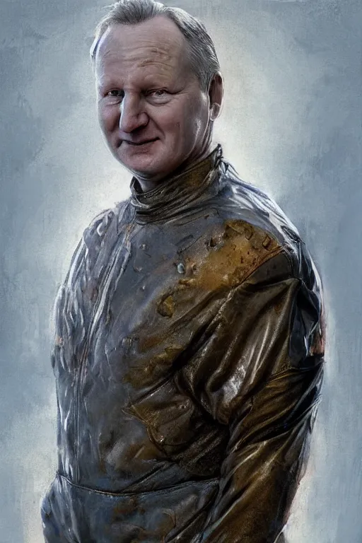 Image similar to upper body portrait of stellan skarsgård as evil, dark baron harkonnen, covered in oil, wearing old leather spacesuit, dystopian science fiction, illustration by norman rockwell, artstation character art, john william waterhouse, concept art, greg rutkowski