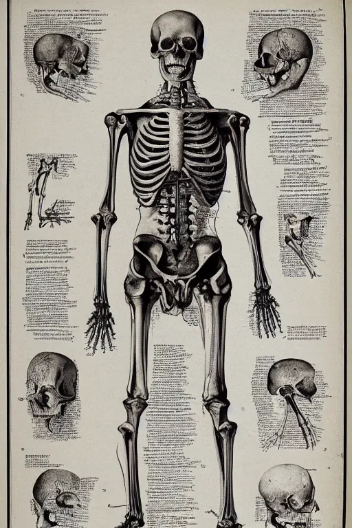 Prompt: victorian anatomical illustration of a human skeleton, photorealistic, diagram, intricate details