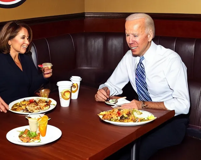 Prompt: a photo of joe biden eating at the applebee's