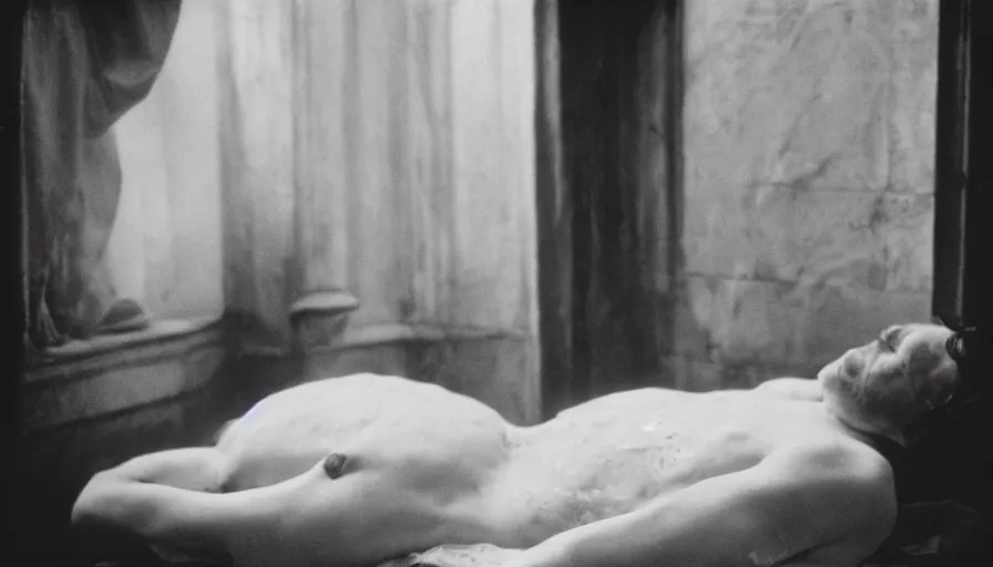 Prompt: movie still of jean - paul marat a wound at the chest, bleeding in the bath, cinestill 8 0 0 t 3 5 mm, high quality, heavy grain, high detail, cinematic composition, dramatic light, anamorphic, ultra wide lens, hyperrealistic, by josef sudek