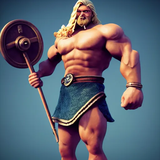 Image similar to a handsome bodybuilder viking girl with blond hair, clash royal style characters, unreal engine 5, octane render, detailed, cinematografic, cinema 4 d