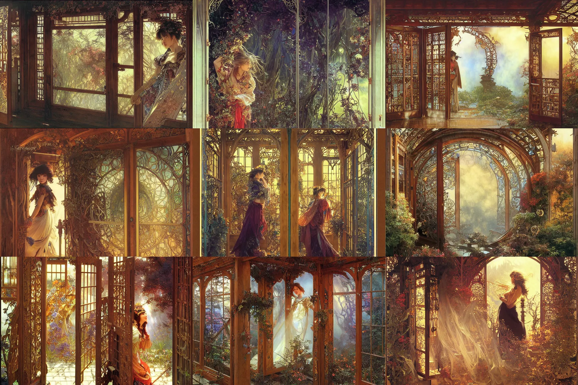 Image similar to large rustic intricately decorated wooden double door, metal handles, a view to a fantasy world, ethereal back light, mist, coherent composition, fantasy painting by noriyoshi ohrai, yuumei, alphonse mucha