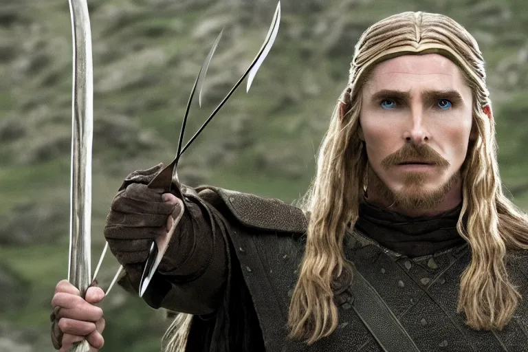 Image similar to film still of Christian Bale as Legolas in The Two Towers movie, 4k