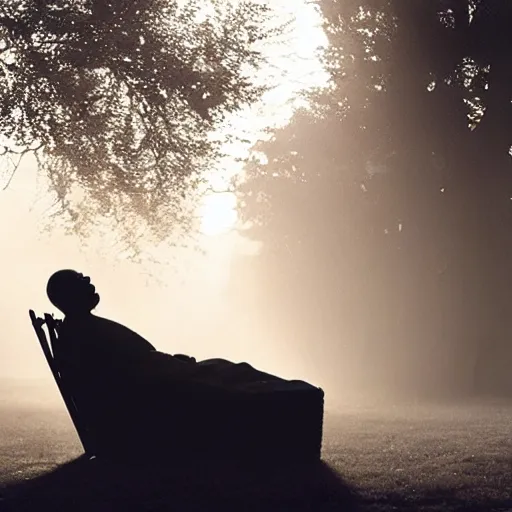 Image similar to a priest sleeping against a twisting wicker coffin, foggy, sun rays, cinematic shot, photo still from movie by denis villeneuve, wayne barlowe