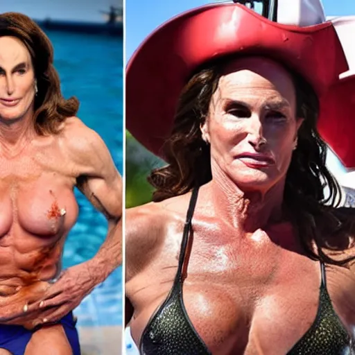 Image similar to Admiral Rachel Levine versus Caitlyn Jenner in an oil wrestling contest