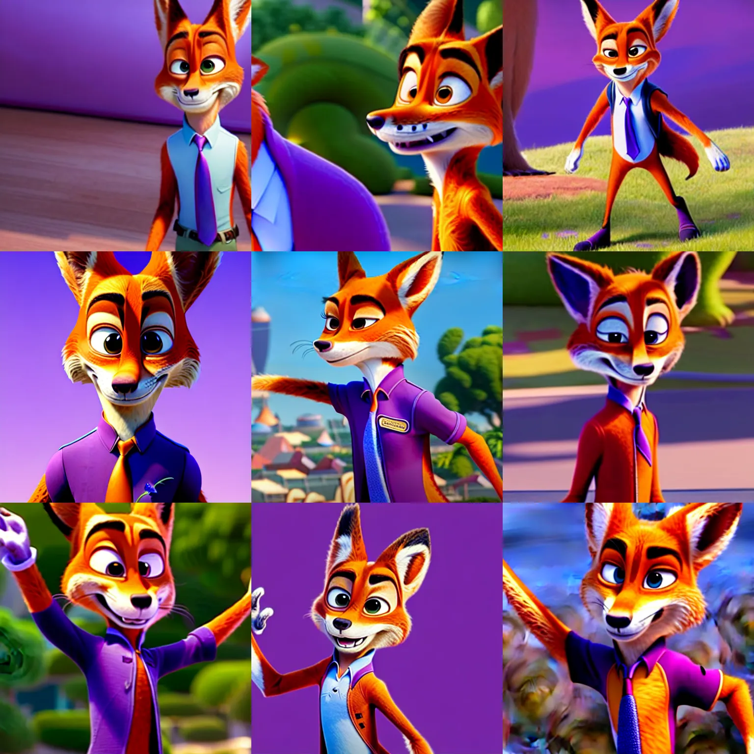 Image similar to Nick Wilde (from Zootopia) wearing a purple uniform