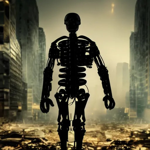 Image similar to dark picture of a metalic terminator exoskeleton walking on a destroyed city, 8 k, uhd, gloomy background, golden hour, 5 0 0 mm