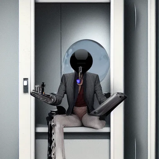 Prompt: Using photorealism draw a futuristic space cowboy sitting on a chair in a door that leads to the universe, mind blowing, blender, Hyper realism