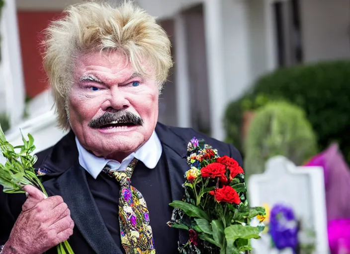 Image similar to photo still of rip taylor at a funeral service outside!!!!!!!! at age 5 4 years old 5 4 years of age!!!!!!! throwing confetti from a bucket, 8 k, 8 5 mm f 1. 8, studio lighting, rim light, right side key light