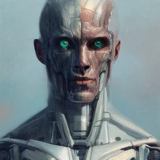 Image similar to portrait of a half human half robot man,digital art,realistic,detailed,art by greg rutkowski,menacing