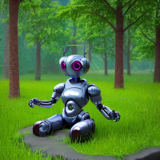Image similar to 3d render of cel-shaded friendly robot sitting cross-legged with its head down on a small hill, in a fantasy forest with blooming trees and surrounded my wildlife, river flowing beside the robot, 4k, highly detailed, Unreal Engine, octane render, trending on artstation