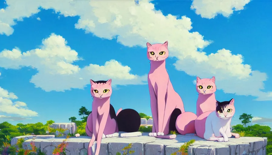 Image similar to highly detailed contemporary acrylic painting of really tall sitting cats by makoto shinkai, thick brush strokes and visible paint layers, glistening clouds in background, light blue black, white and pink vivid pastel color scheme