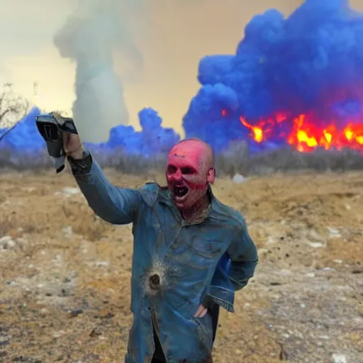 Image similar to , funny and frightened ukrainian burned to bones bleeding in dirty yellow and blue rags on the background of a huge nuclear explosion selfie 2 0 2 2