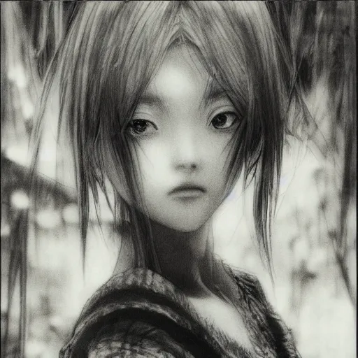 Image similar to a portrait of a character in a scenic environment by Yoshitaka Amano, black and white, dreamy, dark eyes