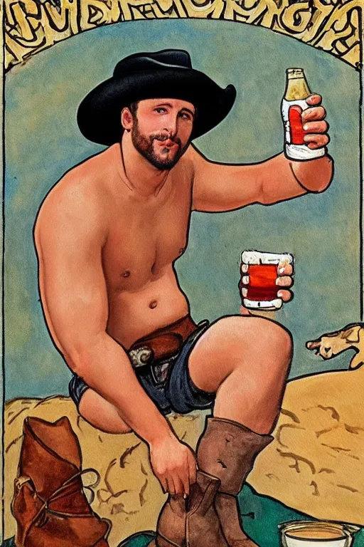 Prompt: a beautiful painting of a handsome shirtless cowboy wearing cowboy hat and boots with a chunky build and beer belly next to a campfire, homoerotic!, tarot!, art deco!, art nouveau, by Walter Crane, by Mark Maggiori, trending on artstation