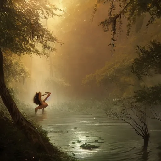 Prompt: forest nymph rising from the water. view from behind, wide angle view, back view. nuri iyem, james gurney, greg rutkowski, anato finnstark. trending on artstation, starlight, and enchanted dreams