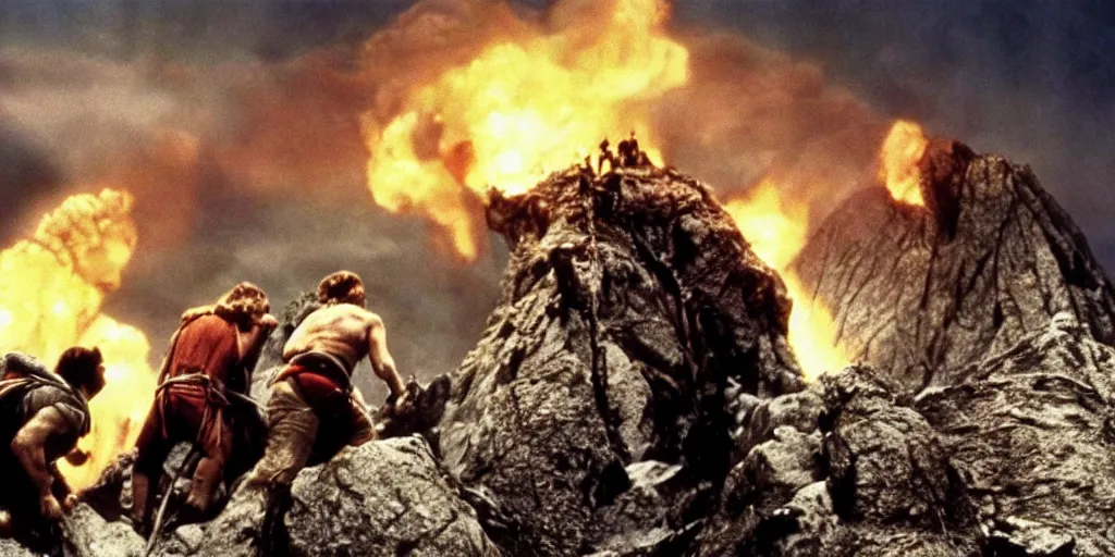 Image similar to film still of the three stooges climbing mount doom in the return of the king, hd 4 k lord of the rings remaster director's cut