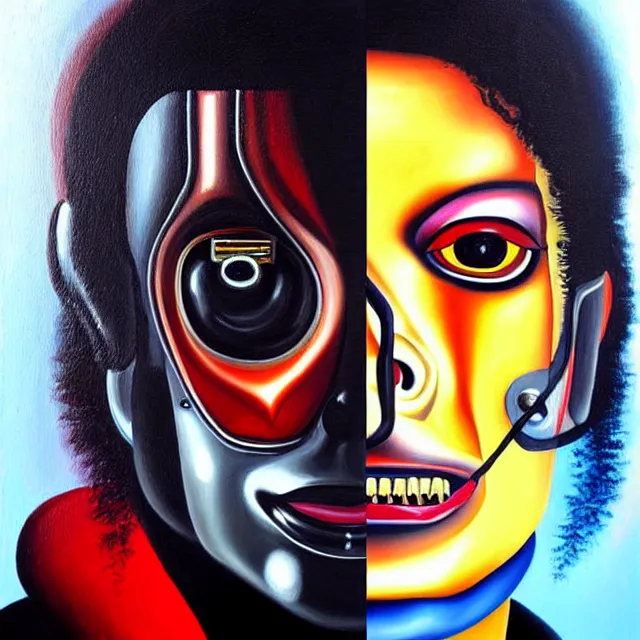 Image similar to a beautiful painting cyberpunk robot michael jackson bloody face, by salvador dali realistic oil painting