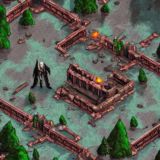 Image similar to Evil mage is standing on top of his tower, raising hands up high and leading his horde of zombies to outer lands. Isometric, high angle, big scale battle map. Highly detailed digital art, unreal engine.