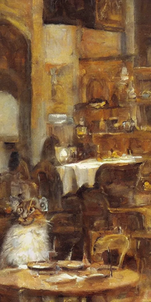 Image similar to brown cat with yellow eyes is sitting at table in a cafe at paris in early 2 0 th century. atmospheric feeling, warm colours, brown colours, yellow colours, epic scene, cinematic, very detailed, oil painting