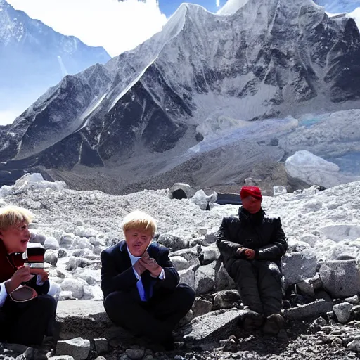 Image similar to kim jong - un, president joe biden, boris johnson, and vladimir putin enjoying earl grey tea at mount everest base camp, minimalist