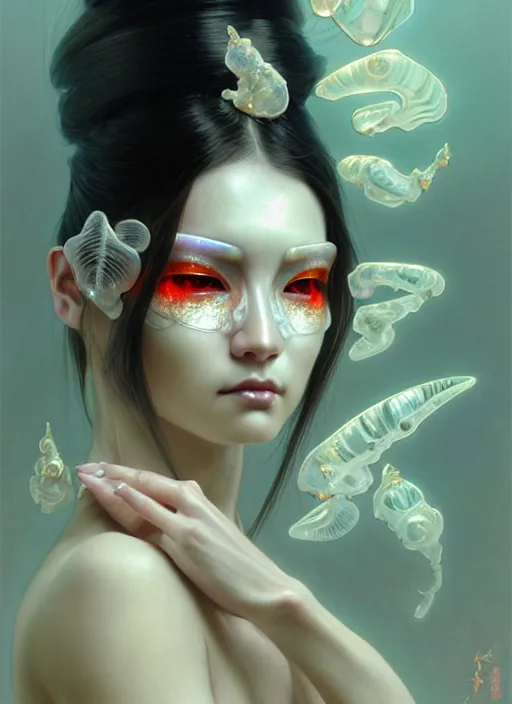 Image similar to organic Geisha cyborg, translucent pearlescent skin, diffuse lighting, fantasy, intricate, elegant, highly detailed, lifelike, photorealistic, digital painting, artstation, illustration, concept art, smooth, sharp focus, art by John Collier and Albert Aublet and Krenz Cushart and Artem Demura and Alphonse Mucha