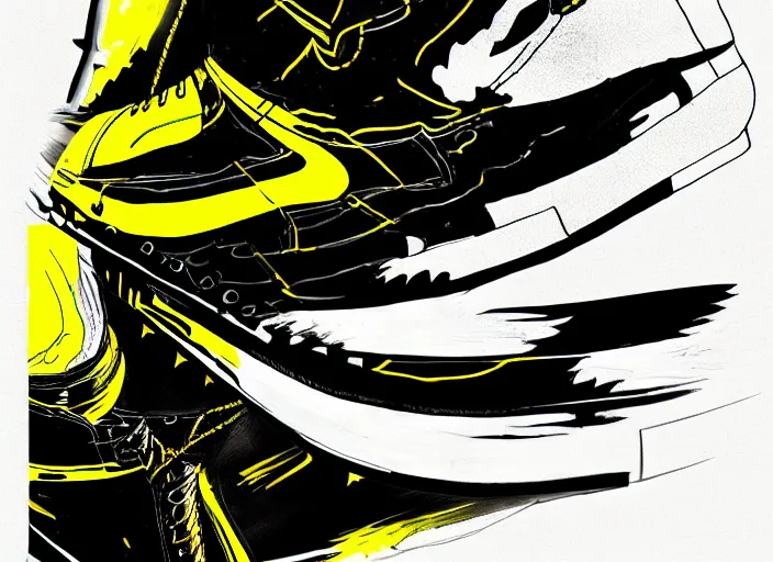 Image similar to glowing black sneaker, wth short golden lines, yellow details, symmetrical, highly detailed, digital art, sharp focus, trending on art station, samurai, electricity superpowers, anime art style