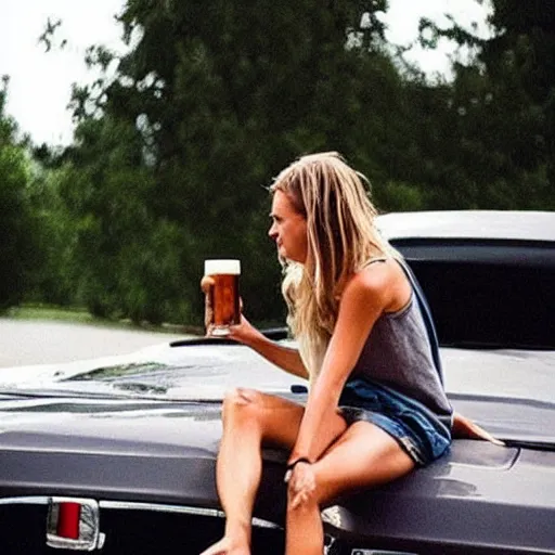 Image similar to “ barefoot girl sitting on the hood of a car drinking a beer in the summer rain ”