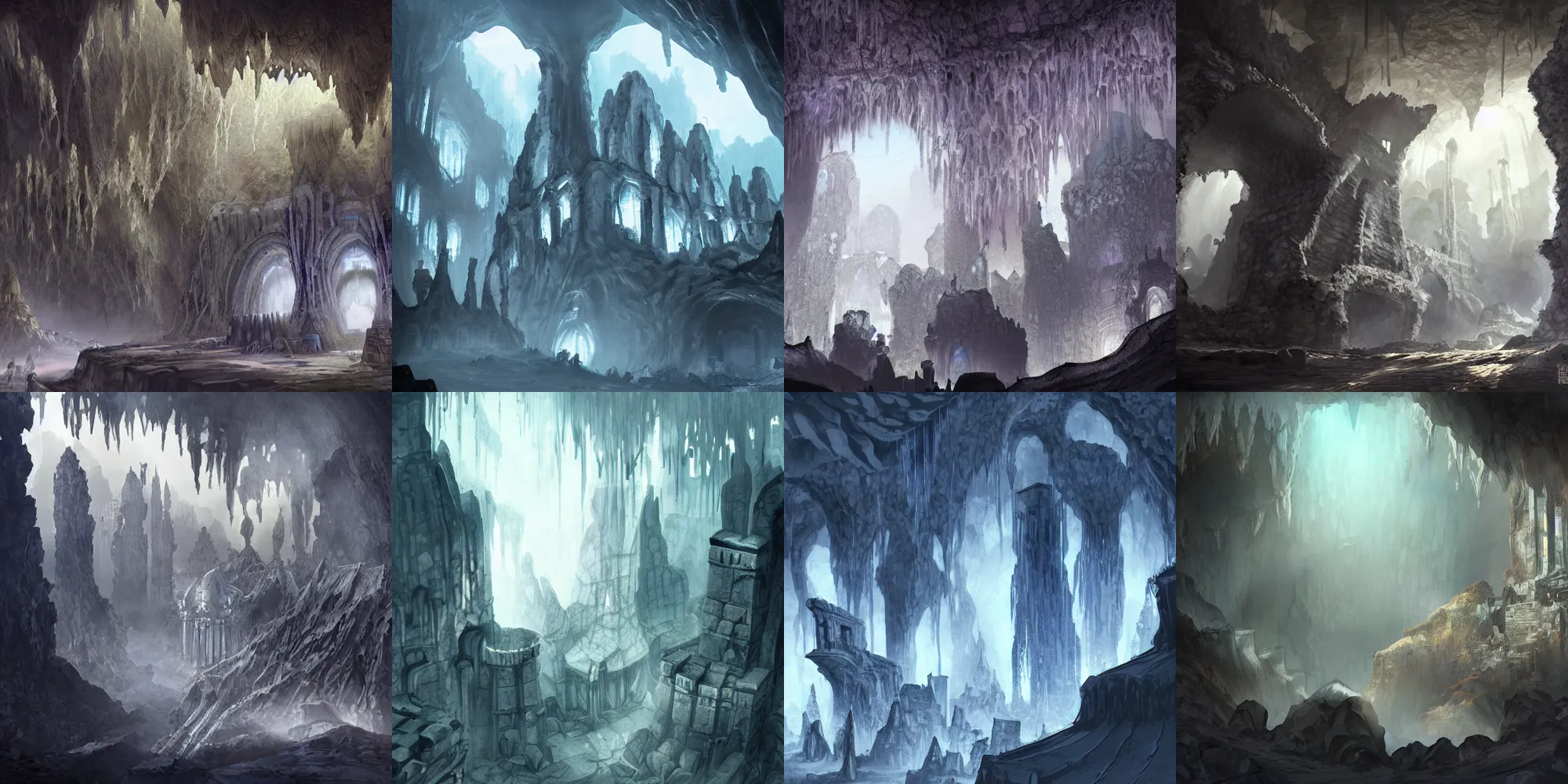 Prompt: an ancient white bone and translucent dark-sapphire gemstone buried city, ruins, buildings, underground cavern, cave system, stalactites, elegant architecture, looming shadows, mysterious, concept art style, cherenkov radiation
