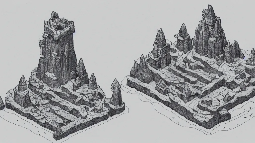 Image similar to Isometric view of a wizard tower surrounded by: 1 an ice cave to the west 2 a fire cave to the east 3 a emerald mine to the north and 4 a diamond mine to the south, lineart, colored